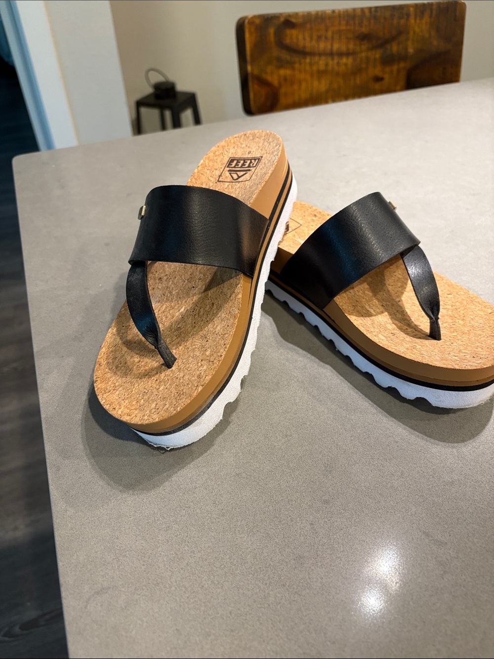 Reef Black Cork Platform Thong Sandals with White Sole